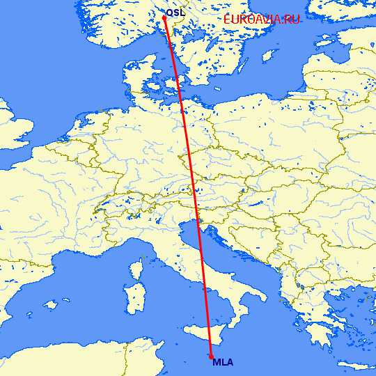 перелет Осло — Мальта на карте