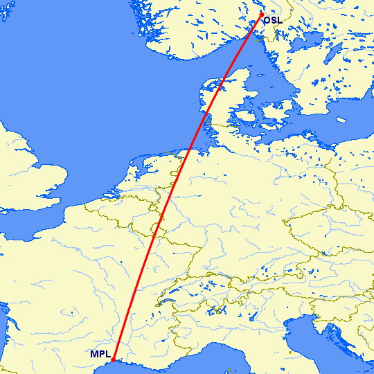 перелет Осло — Монпелье на карте