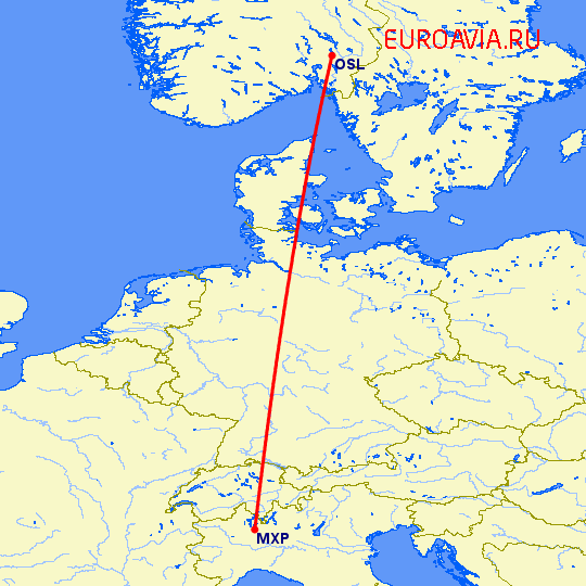 перелет Осло — Милан на карте