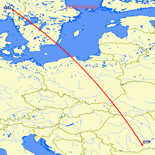 перелет Осло — Бухарест на карте