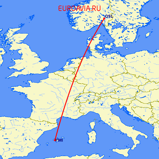 перелет Осло — Пальма де Майорка на карте