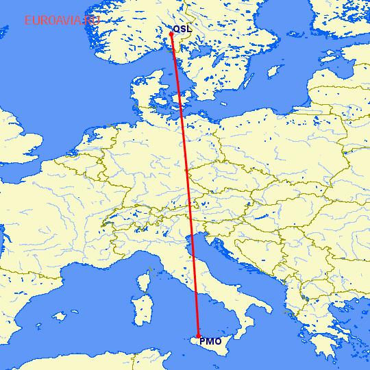перелет Осло — Палермо на карте
