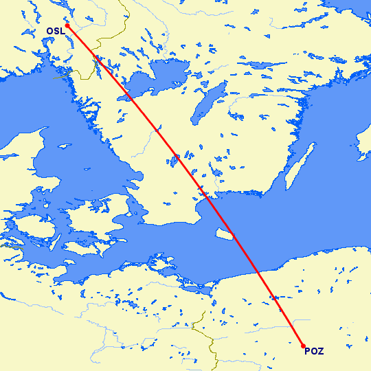 перелет Осло — Познань на карте