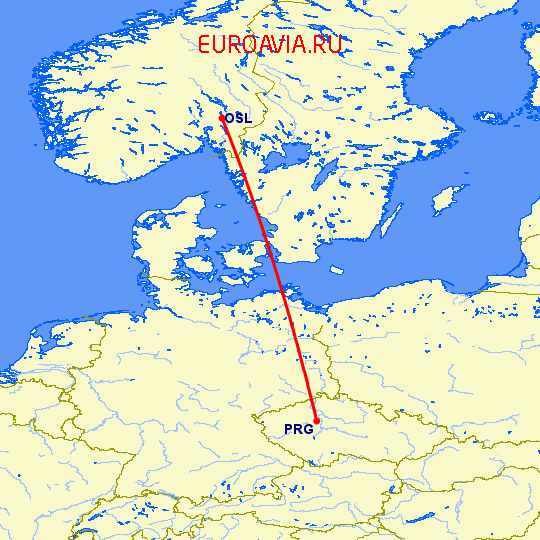 перелет Осло — Прага на карте