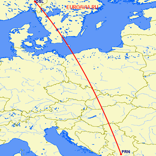 перелет Осло — Приштина на карте
