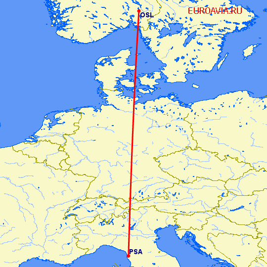 перелет Осло — Пиза на карте