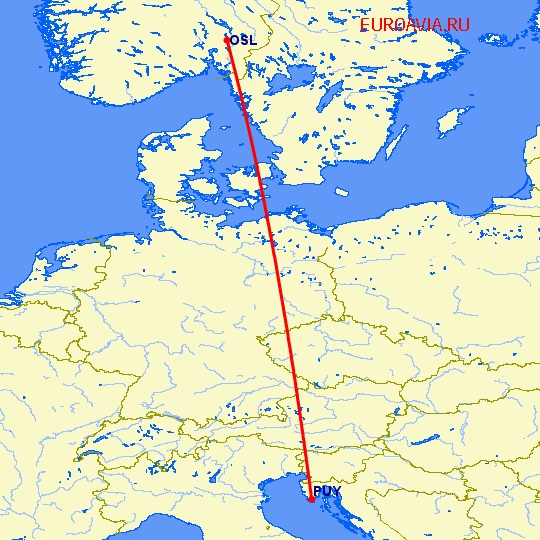 перелет Осло — Пула на карте