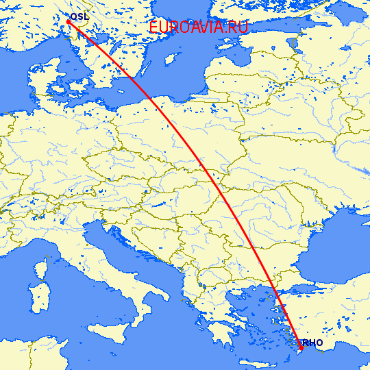 перелет Осло — Родос на карте