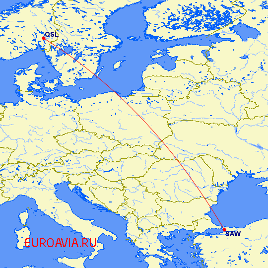 перелет Осло — Стамбул на карте