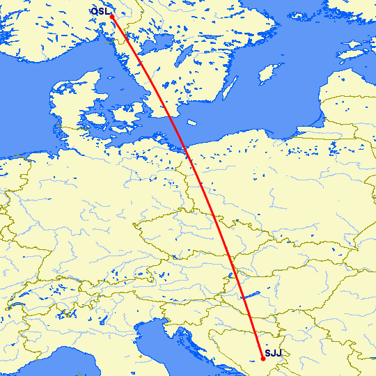 перелет Осло — Сараево на карте