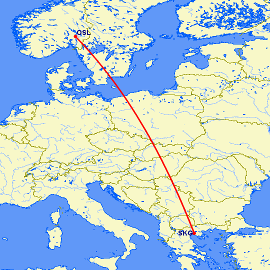 перелет Осло — Салоники на карте