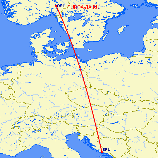 перелет Осло — Сплит на карте