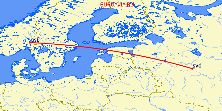 перелет Осло — Москва на карте