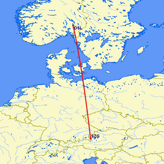перелет Осло — Зальцбург на карте