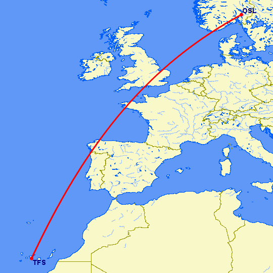 перелет Осло — Тенерифе на карте