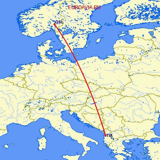 перелет Осло — Тирана на карте