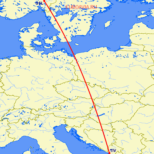 перелет Осло — Тиват на карте