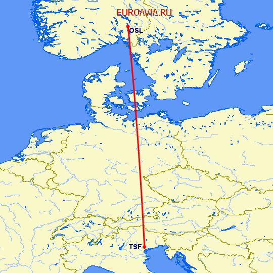 перелет Осло — Тревисо на карте