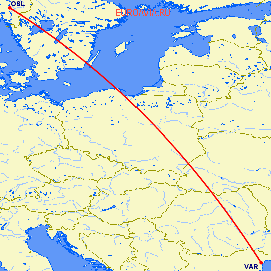 перелет Осло — Варна на карте