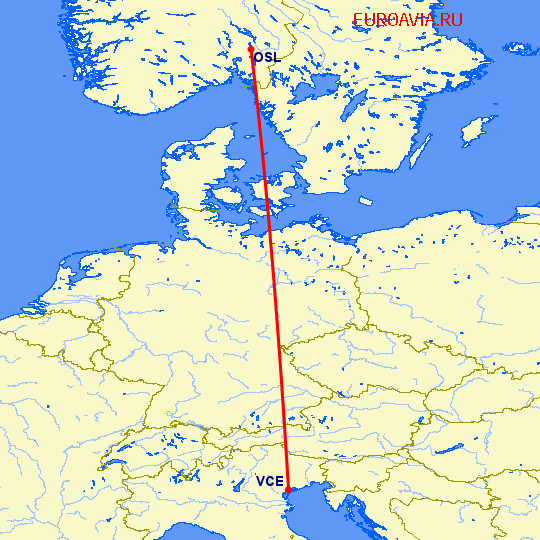 перелет Осло — Венеция на карте