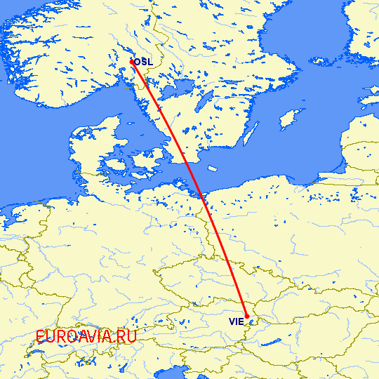 перелет Осло — Вена на карте
