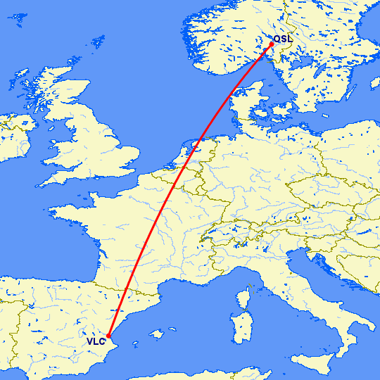 перелет Осло — Валенсия на карте
