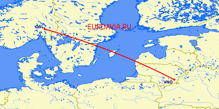 перелет Осло — Вильнюс на карте