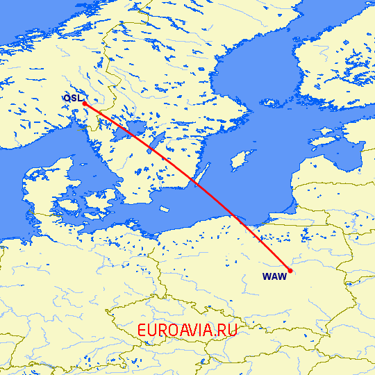 перелет Осло — Варшава на карте