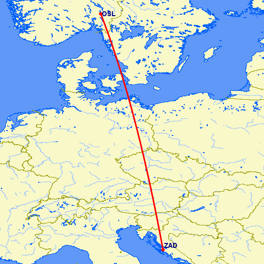 перелет Осло — Задар на карте
