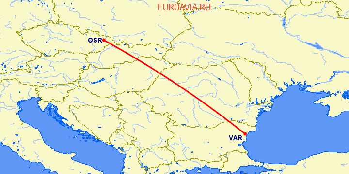 перелет Острава — Варна на карте