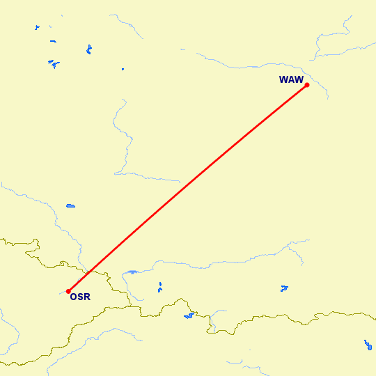 перелет Острава — Варшава на карте