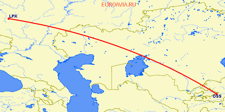перелет Ош — Липецк на карте