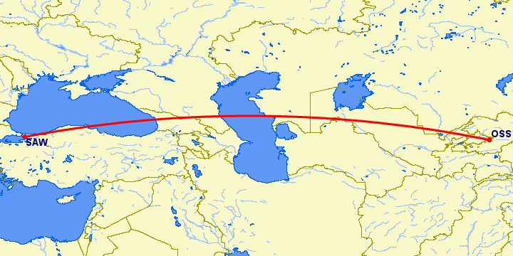перелет Ош — Стамбул на карте