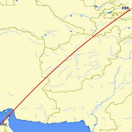 перелет Ош — Шарджа на карте