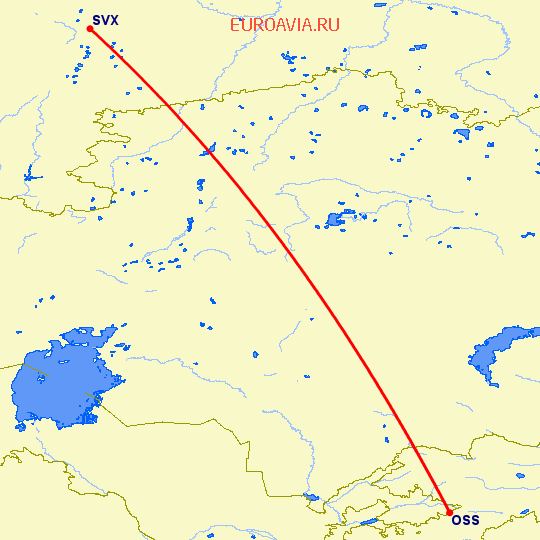 перелет Ош — Екатеринбург на карте