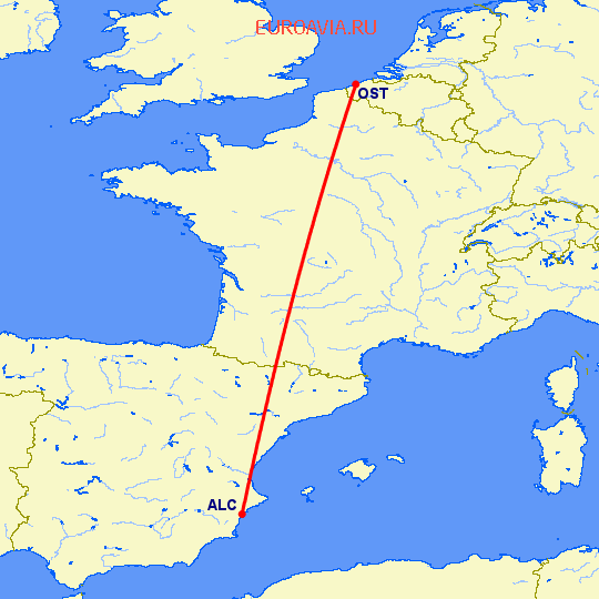 перелет Ostend — Аликанте на карте