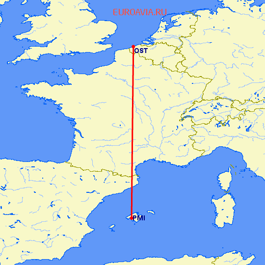 перелет Ostend — Пальма де Майорка на карте