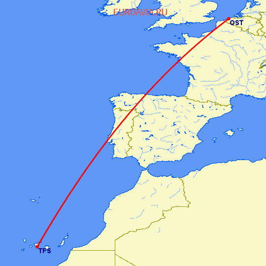 перелет Ostend — Тенерифе на карте