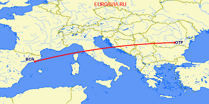 перелет Бухарест — Барселона на карте