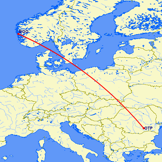 перелет Бухарест — Берген на карте