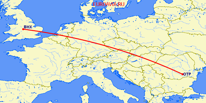 перелет Бухарест — Бирмингем на карте