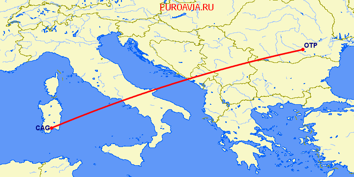 перелет Бухарест — Кальяри на карте
