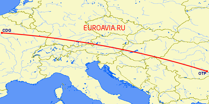 перелет Бухарест — Париж на карте