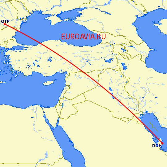 перелет Бухарест — Доха на карте