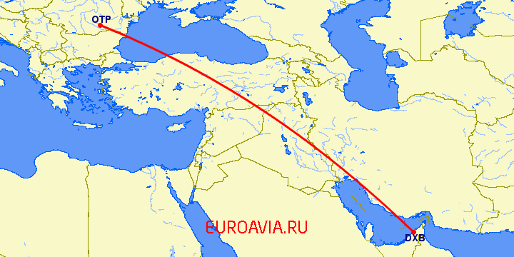 перелет Бухарест — Дубай на карте