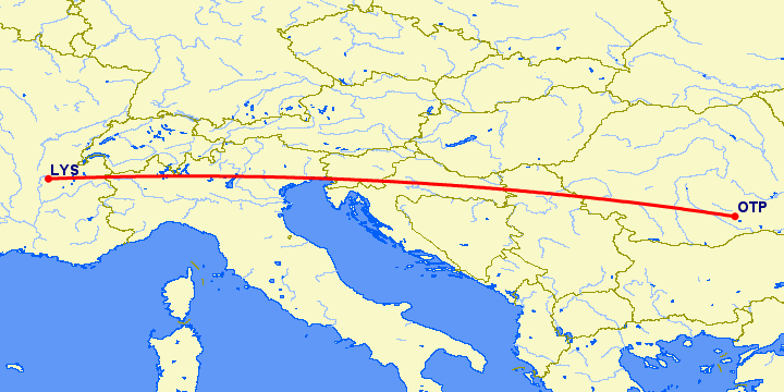 перелет Бухарест — Лион на карте