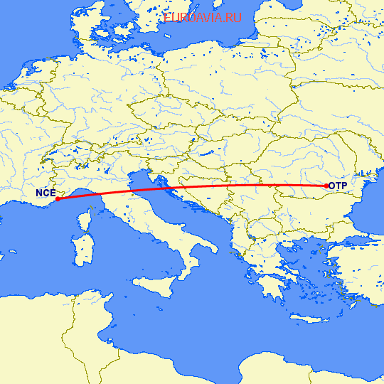 перелет Бухарест — Ницца на карте
