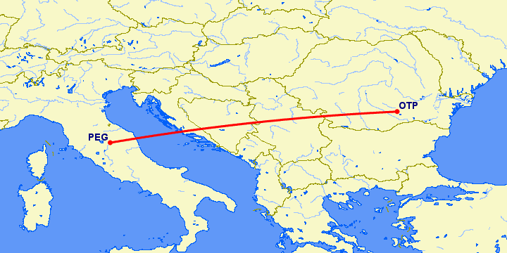 перелет Бухарест — Перужия на карте