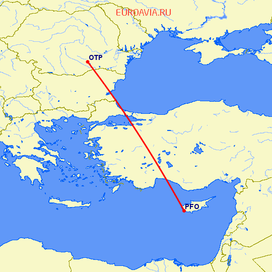 перелет Бухарест — Пафос на карте