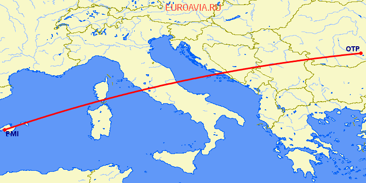 перелет Бухарест — Пальма де Майорка на карте